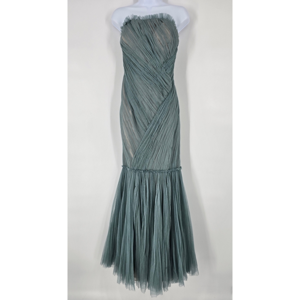 J. Mendel Blue Green Pleated Tulle Strapless Trumpet Gown Size 12